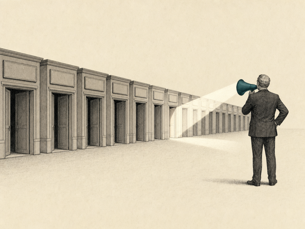An editorial illustration of a long row of identical shopfronts in pale ink, with a single figure holding a deep teal megaphone that singles out just one storefront while the rest recede into shadow. The image illustrates the core argument of the article: that AI answer engines do not list all competitors the way a search results page does, but instead name only one or two businesses, making presence in that beam the entirely new game AEO addresses.