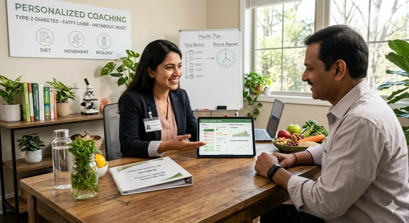 Manish coaching a client one-on-one on lifestyle disease reversal