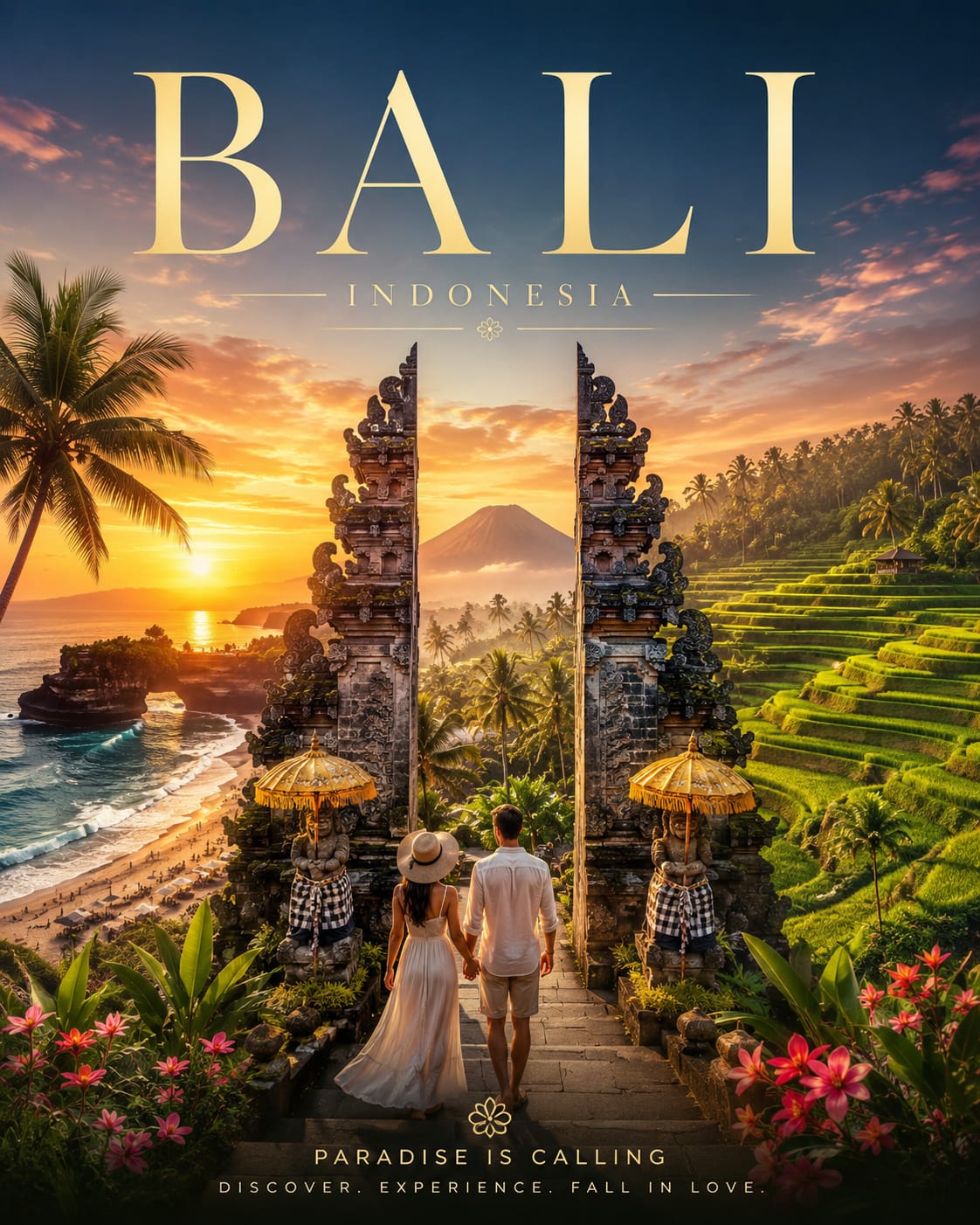 Bali Indonesia rice terraces and Tanah Lot temple at sunset - 5-night Bali international tour package starting from Rs 42,900 per person, including villa stays and airport transfers